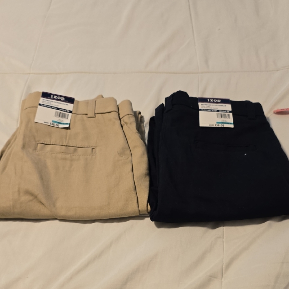 Bundle of Izod Kid's Skinny Pants in Tan and Navy Blue Size 16 Adjustable Waist